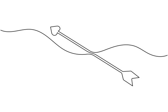 Continuous line drawing of an arrow with heart tip and wavy line art design