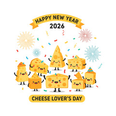 Happy new year 2026 with cheese characters and confetti celebration