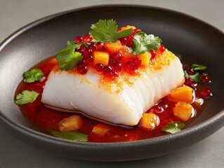 Delicious seafood dish with vibrant toppings.