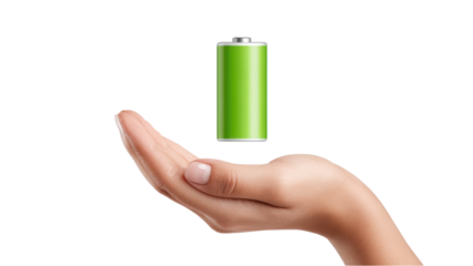Green Battery in Hand: Clean Energy Concept on White Background