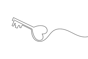 Continuous line drawing of a heart key, symbolizing love, solution, and connection.