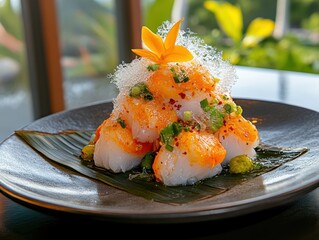 Delicious sushi platter with vibrant toppings.