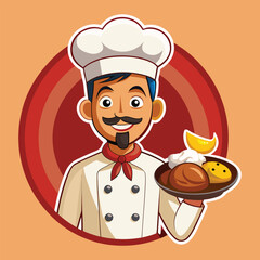 Smiling Chef Holding Dish Illustration