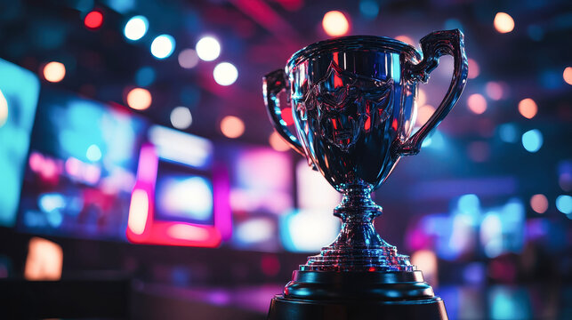 A stunning trophy gleams on stage, symbolizing victory in an eSports tournament, set against colorful lights and large screens showing highlights