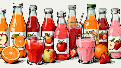 This vibrant illustrated collection shows various colorful cold drinks (juices, cocktails) in glassware, garnished with fruits/mint and labeled, arranged neatly against a white background.