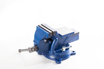 Blue bench vise with textured finish, heavy duty metal tool for workshop use, clamping device for securing workpieces during various manual tasks