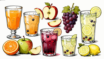 This vibrant illustrated collection shows various colorful cold drinks (juices, cocktails) in glassware, garnished with fruits/mint and labeled, arranged neatly against a white background.
