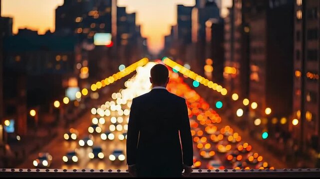 Ambitious executive overlooks vibrant city lights at dusk, feeling energized and ready to make bold decisions for the company's bright future