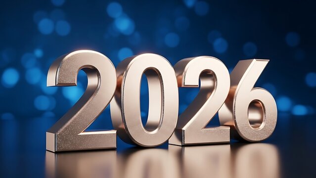 Shiny metallic 3d numbers 2026 with bokeh lights background