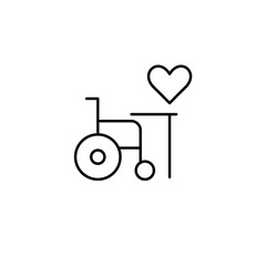 Wheelchair user, work desk and heart. Inclusive care, mobility for learning and work. Pixel perfect, editable stroke vector icon