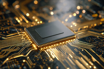 Macro shot of a glowing central processing unit on a circuit board showcasing complex golden connections and advanced technology circuitry details