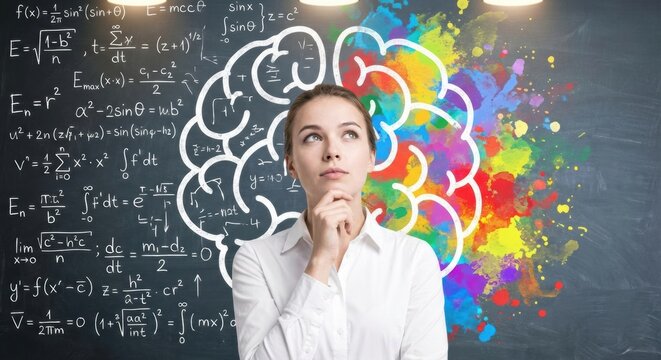 Thoughtful young woman in a white shirt stands before a chalkboard with a brain drawing symbolizing logic versus creativity and art with mathematical formulas and colorful paint