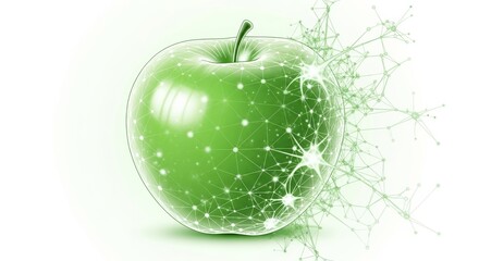 Green apple with digital effects and glowing particles  
