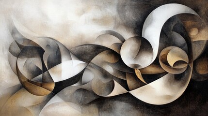 An abstract painting featuring a complex composition of geometric shapes in shades of gray, white, and brown, creating a sense of movement and depth.