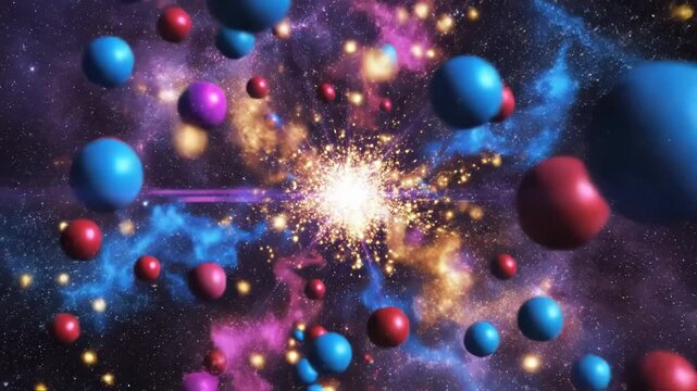 Abstract visualization of a multiverse or parallel universe concept with colorful spheres exploding in a starry galaxy space with bright light