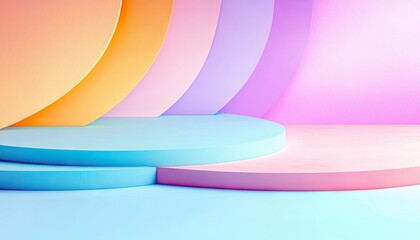 An abstract studio scene featuring a series of geometric platforms and colorful arcs in pastel shades. The composition is clean and minimalist.