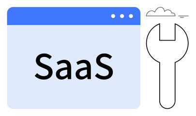 SaaS concept. SaaS illustration a browser window and cloud symbol alongside a wrench graphic. SaaS for cloud computing, technology tools, online services, modern business, IT solutions