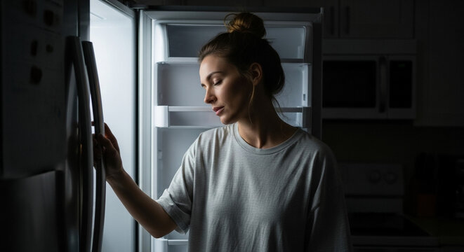 Woman opening fridge at night, midnight snack and late-night craving in quiet kitchen