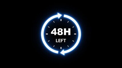 48 hours left countdown clock with illuminated blue circular arrows on a dark background timer time