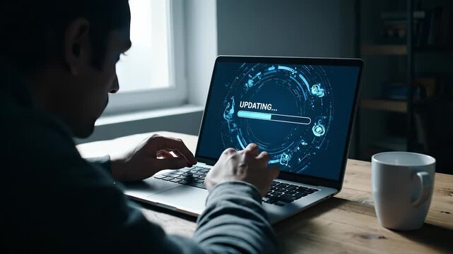Updating laptop software progress now. Person at computer types while update runs. Developer monitors updating status on screen. Progress and system update display visible. Update progress shown.