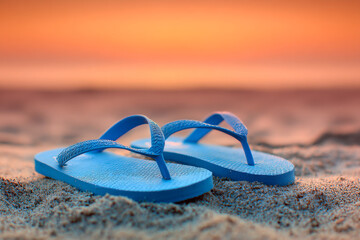 Blue flip flops resting on sandy beach with blurred ocean and warm vibrant sunset sky in background creating a serene summer vibe
