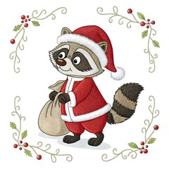 seamless embroidery design featuring an adorable raccoon dressed as Santa claus