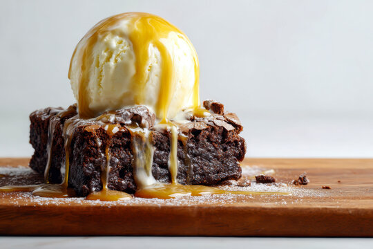 Decadent chocolate brownie topped with creamy vanilla ice cream and drizzled with golden caramel sauce on a wooden board with powdered sugar dusting