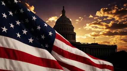Waving flag frames capitol dome at sunset. Bold stripe and star pattern moves over dome silhouette. Warm soft sky glows behind capitol. Image evokes freedom and patriotism. Evening light adds drama.