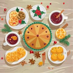 Festive Handdrawn Winter Holiday Table with Pie and Mulled Wine Elements