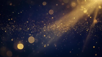 深いネイビーの冬トーンに、温かみのあるゴールドのホリデー風ライトリークがゆっくり漂い、微細なグリッター粒子が上品にきらめく背景映像。