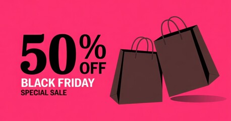 Black friday special sale with fifty percent off and two shopping bags on pink background