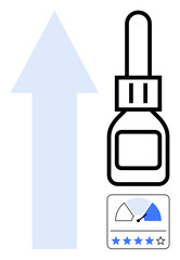 Product performance concept. Dropper bottle with upward arrow improvement. Includes a visual rating scale for performance tracking. Ideal for marketing, product reviews, healthcare innovations