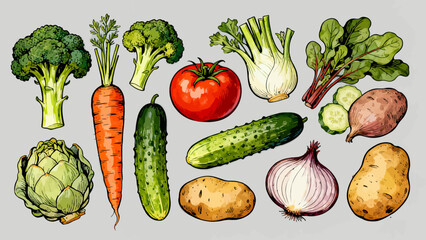 This vibrant illustrated collection features a variety of fresh vegetables (carrots, broccoli, tomatoes, lettuce, etc.) in colorful, detailed artwork, arranged against a plain white background.