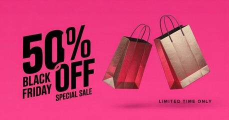 Bold black friday 50 percent off sale announcement with shopping bags on pink background