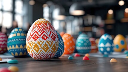 A close-up shot of several vibrantly decorated Easter eggs on a wooden table, with colorful candies scattered around. The scene is set indoors, with a blurred b