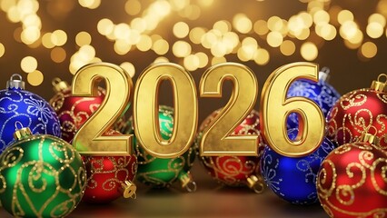 Fototapeta premium Golden 2026 numbers surrounded by festive christmas ornaments and bokeh lights