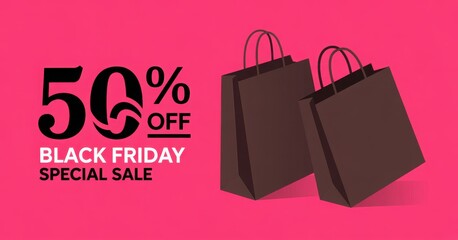 Black friday special sale announcement featuring fifty percent off and shopping bags on a vibrant pink background