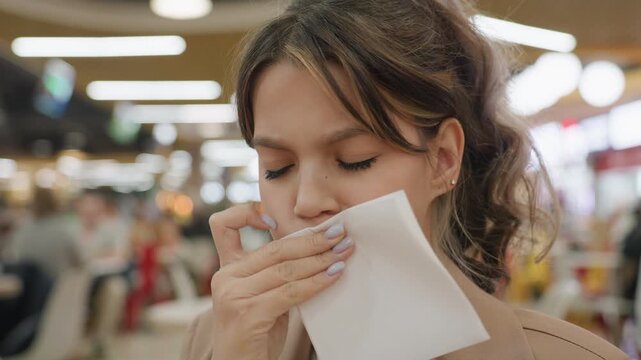 teen cleans face, adolescent gently dabs lips with tissue, closeup of youth using napkin following burger meal, teenager carefully pats at lips with paper towel after enjoying burger