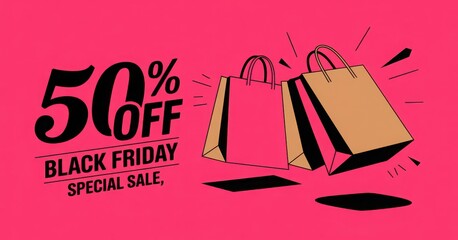 Bold black friday 50 percent off special sale announcement with shopping bags on pink background