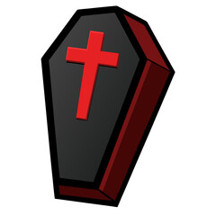 Obraz premium A dark coffin with a bold red cross emblem on its lid, rendered in a graphic, illustrative style.