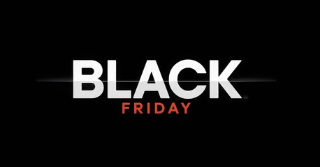 Bold white black friday text with red friday below on a dark background