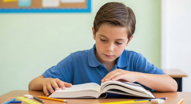Pupil opening textbook at classroom desk, learning focus and education study routine
