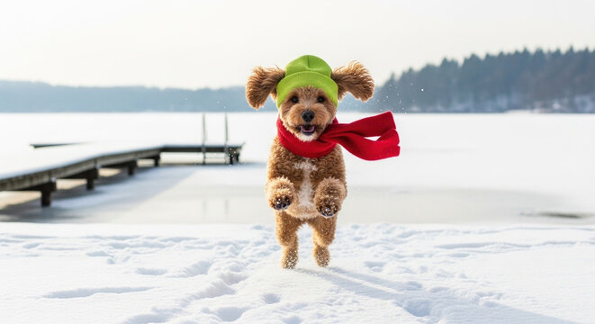 Curly dog wearing green beanie and red scarf playing in snow, winter joy and outdoor fun