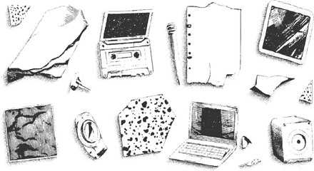 Black and white sketch of vintage technology and paper objects scattered on a white surface vector