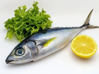 Fresh fish with lettuce and lemon on white background.