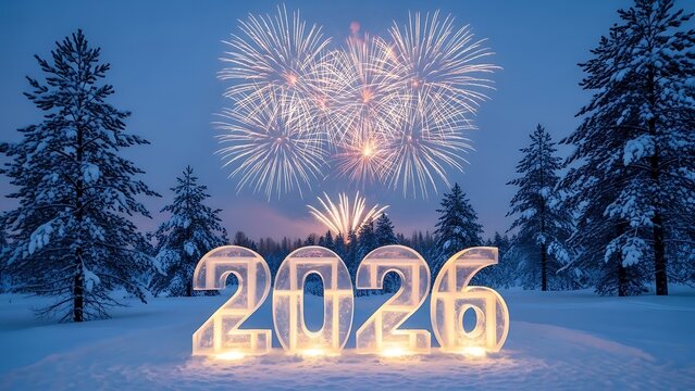 Glowing 2026 numbers illuminate a snowy forest with fireworks above for new year s eve celebration
