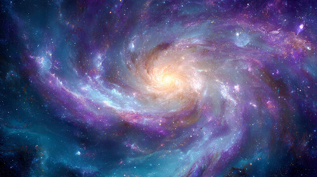 Stunning spiral galaxy glowing with vibrant purple and blue hues surrounding a bright golden core against the vast dark cosmic outer space background