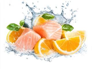 Fresh salmon with citrus splash, vibrant and clean.