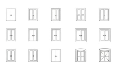 Collection of varied door vector outlines and minimalist entrance designs, ideal for architectural graphics and building element illustrations