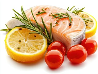 Fresh salmon with lemon and cherry tomatoes.